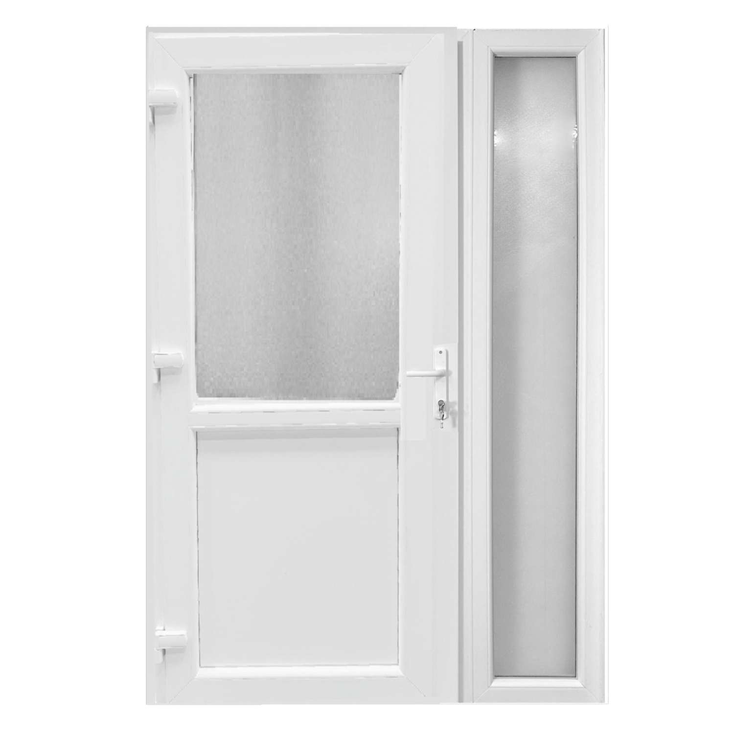 Kétszárnyú műanyag bejárati ajtó – Félig üveges <br>135 × 205 cm